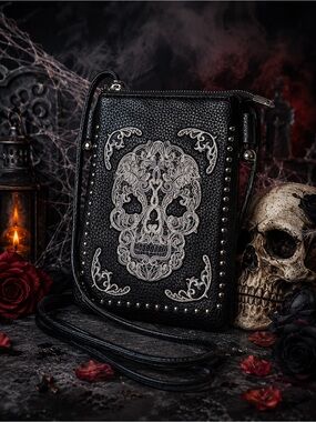 American Bling Sugar Skull Studded Crossbody Bag Gothic Western Boho Purse